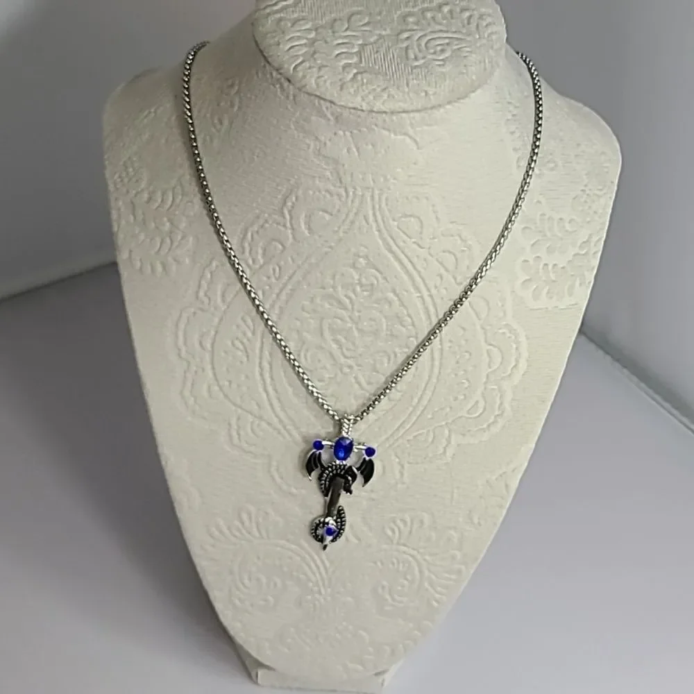 Dragon Cross Sword Necklace Blue Stone Medieval Fantasy Gothic Silver Unisex 24